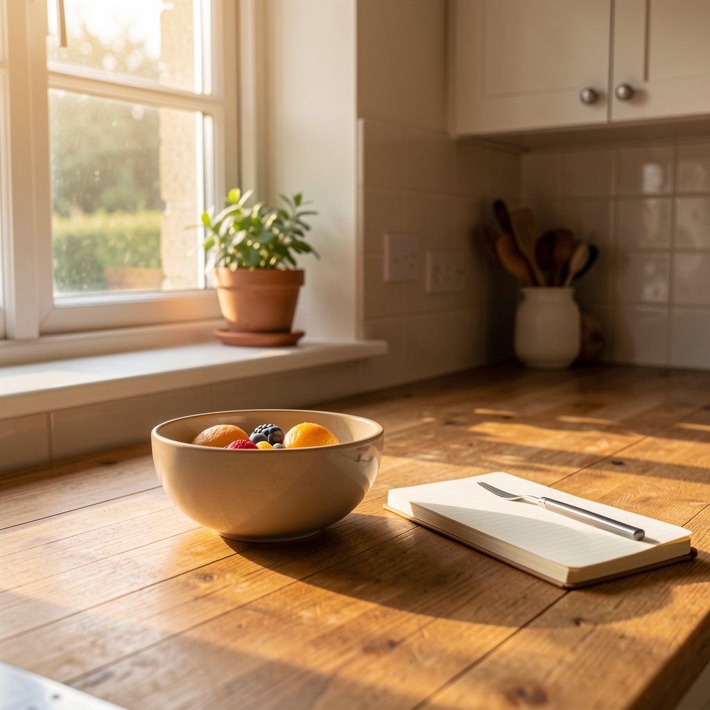 Notebook open on a wooden desk beside a cup of tea, with handwritten food notes and a pencil resting on the page in warm morning daylight
